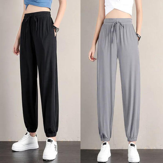 Pantalones deportivos de seda de hielo para mujer, pantalones deportivos holgados, finos e informales de verano para estudiantes