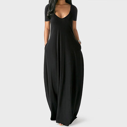 Summer Plus Size Women Basic Solid Color Casual V Neck Short-Sleeved Maxi Dress With Pockets