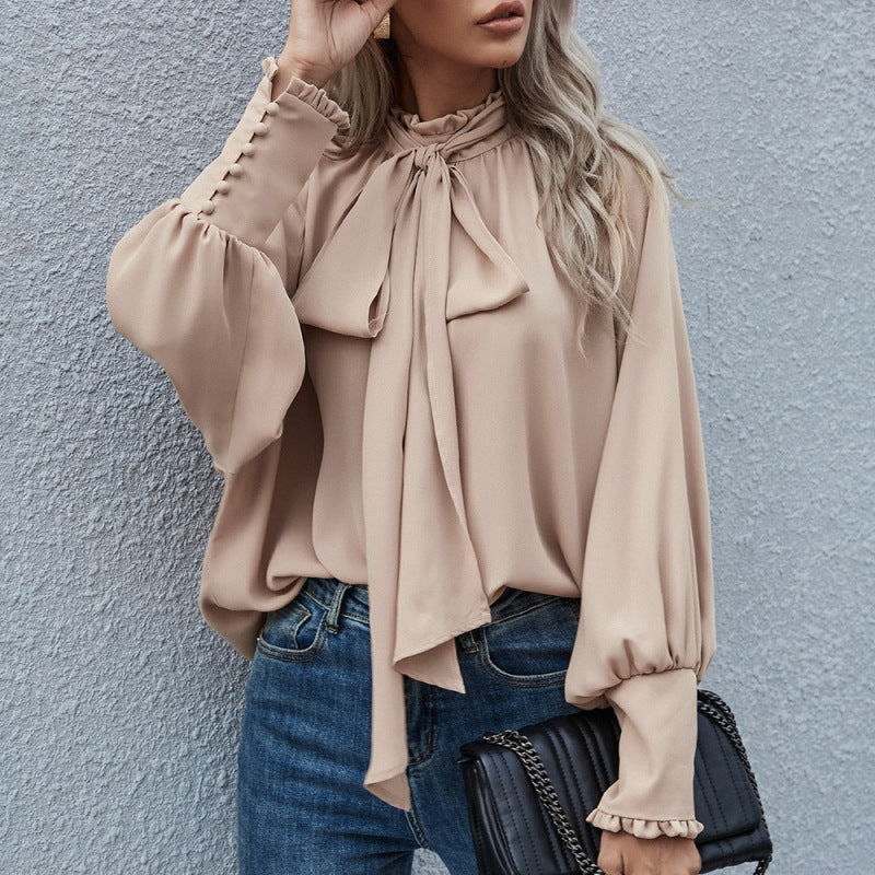 Blusa holgada informal elegante de manga larga con cuello alto y lazo para mujer