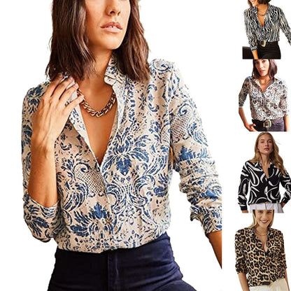 Camisa informal de manga larga con solapa y estampado de rayas de leopardo para mujer