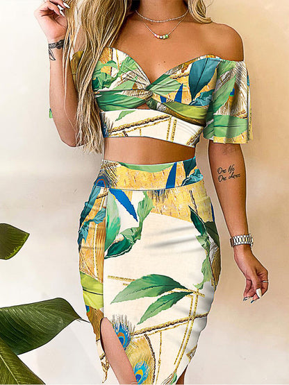 Conjunto de top corto de manga corta con hombros descubiertos y falda con abertura para mujer, estampado floral, informal, a la moda, para vacaciones