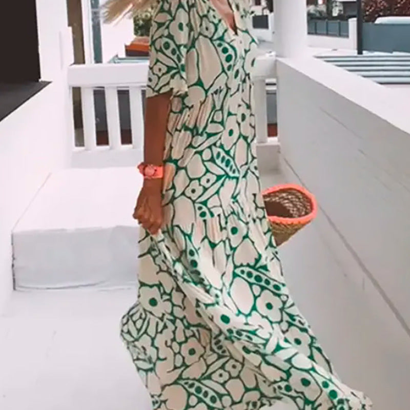 Vestido largo informal de verano con estampado floral y cuello en V para mujer
