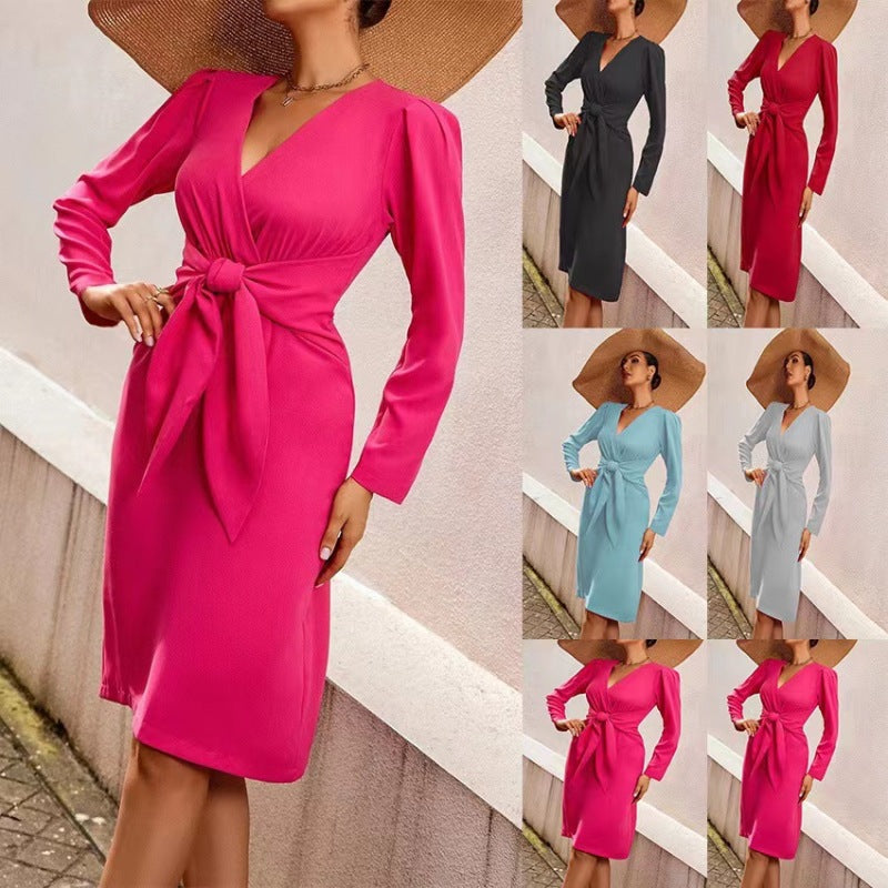 Women'S Casual Elegant Long Sleeve Solid Color V Neck Knot Defined Waist Pullover Dress