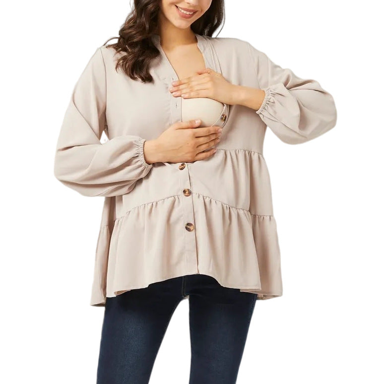 Pregnant Women Casual Solid Color V-Neck Long Sleeve Cotton Breastfeeding Top