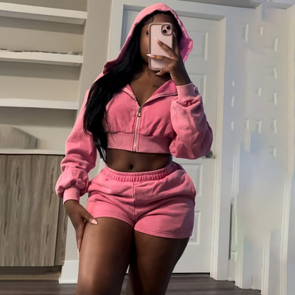 Conjunto de dos piezas de sudadera con capucha y pantalones cortos ajustados de manga larga con cremallera informal para mujer