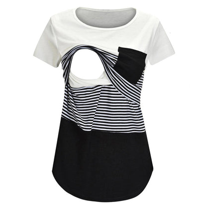 Summer Pregnant Women Fashion Casual Stripe Stitching Short Sleeve Breastfeeding Top