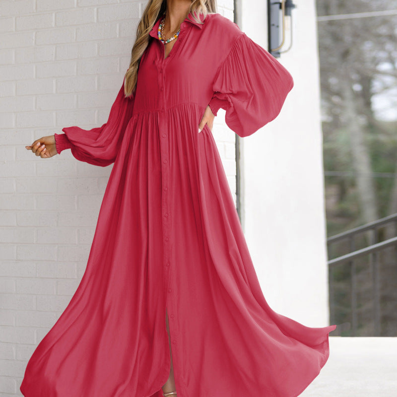 Women Fashion Casual Solid Color Creased Long Sleeve Maxi Dress