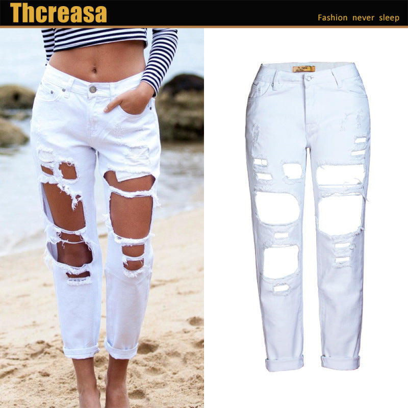 Pantalones vaqueros rectos y rotos de mezclilla para mujer, estilo casual, a la moda