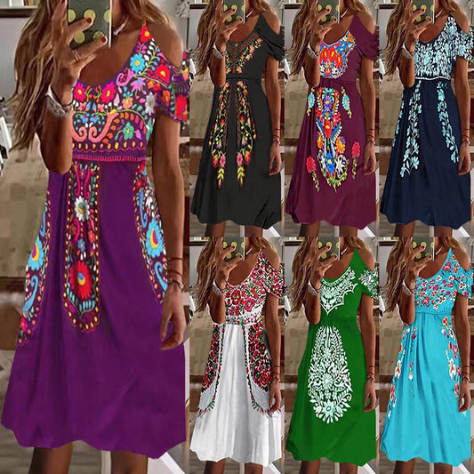 Women Bohemian Style Pleated Off-Shoulder Short-Sleeved Casual Midi Dress