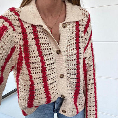 Women Sweet Casual Stripe Hollow Knitted Cardigan Jacket Top And Shorts Two Pieces Set