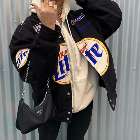 Chaqueta de béisbol de manga larga con estampado holgado e informal a la moda para mujer