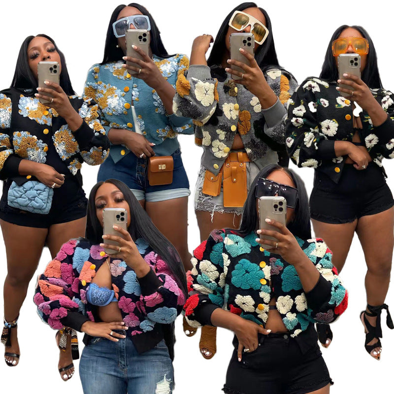 Chaqueta informal de manga larga con botones y diseño floral para mujer