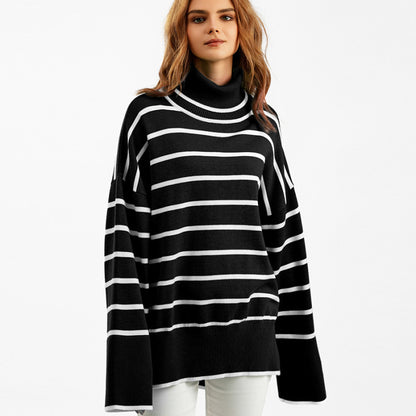 Autumn And Winter Women Casual Stripe Turtleneck Knitted Sweater