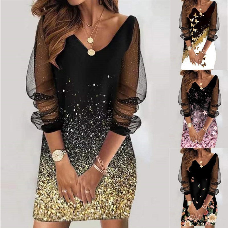 Casual Plus Size Women Sequined See-Through Mesh Long Sleeve Casual Dress