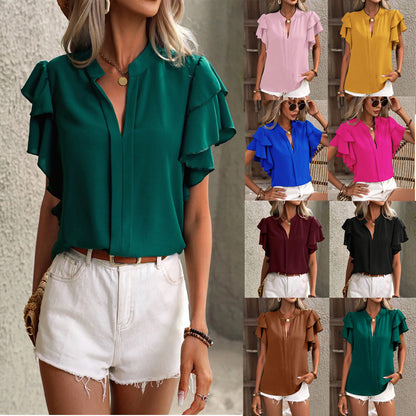 Blusa informal de verano para mujer, color liso, con cuello en V y mangas de hoja de loto de doble capa