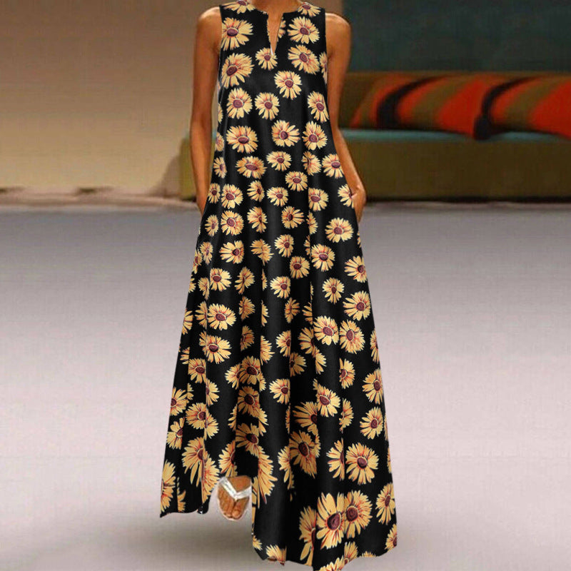 Women Boho Sunflower Printed Sleeveless Casual V-Neck Loose Vacation Maxi Dress