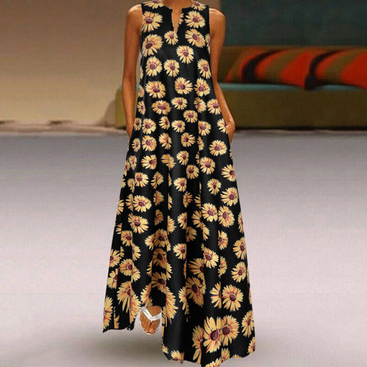 Women Boho Sunflower Printed Sleeveless Casual V-Neck Loose Vacation Maxi Dress