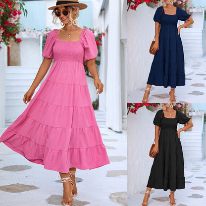 Vestido largo informal de verano para mujer, estilo bohemio, color liso, con hombros descubiertos y volantes