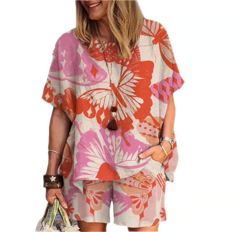 Women Casual Summer Floral Print Loose Short Sleeve T-Shirt And Shorts Set