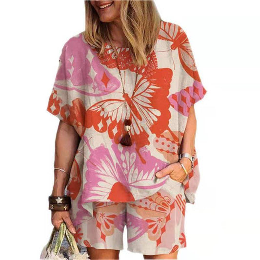 Conjunto de camiseta y pantalones cortos holgados de manga corta con estampado floral de verano para mujer