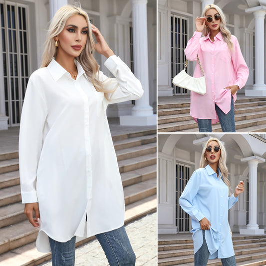 Women Casual Office Solid Color Long Sleeve Blouses Shirt