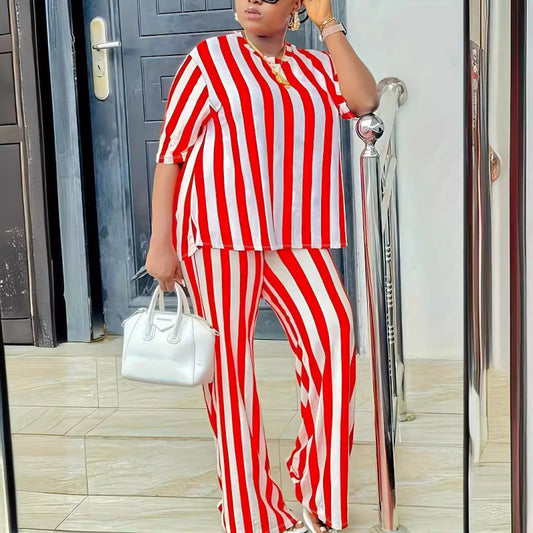 Conjunto de dos piezas de top y pantalón de manga corta con estampado a rayas, informal, de talla grande, para mujer
