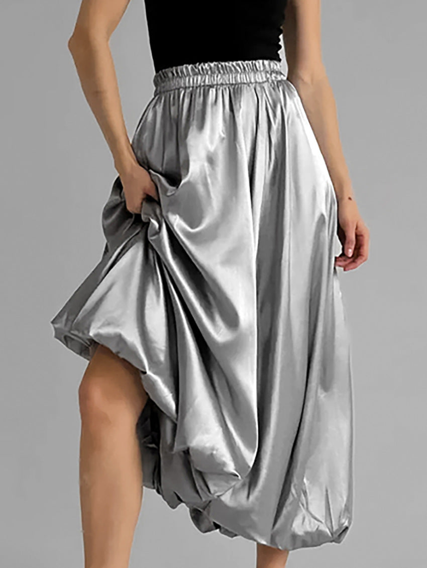 Women Fashion Simple Casual Satin Pleated Skirt