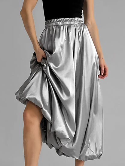 Women Fashion Simple Casual Satin Pleated Skirt