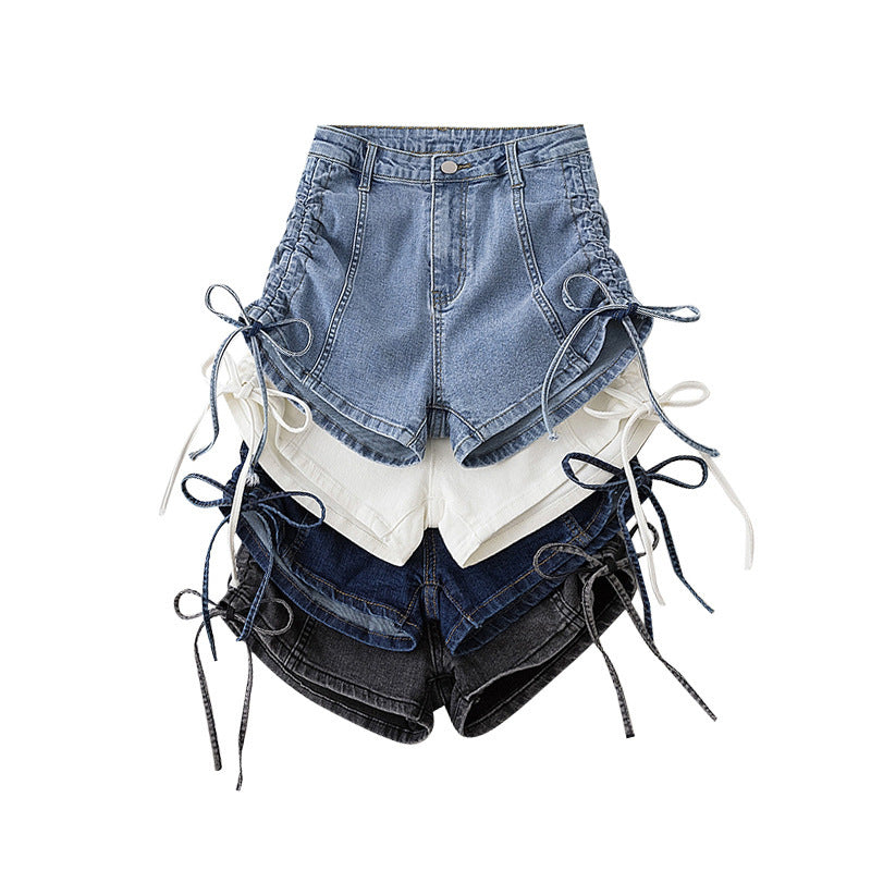 Women Fashion Casual Solid Color Drawstring Denim Shorts