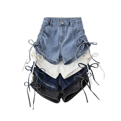 Women Fashion Casual Solid Color Drawstring Denim Shorts