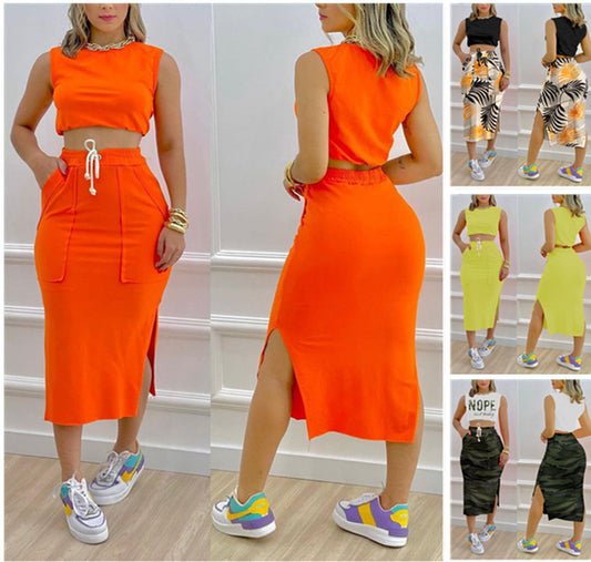 Women Fashion Casual Sleeveless Crop Tank Top And Side-slit Bodycon Skirt Set