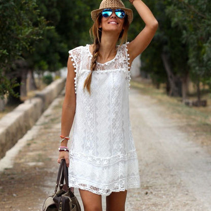 Vestido suelto sin mangas de encaje de color sólido informal de moda para mujer