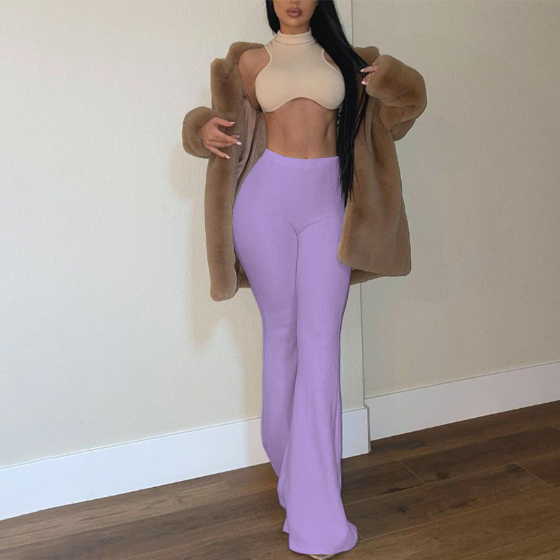 Summer Women Casual Solid Color High Waist Flared Pants