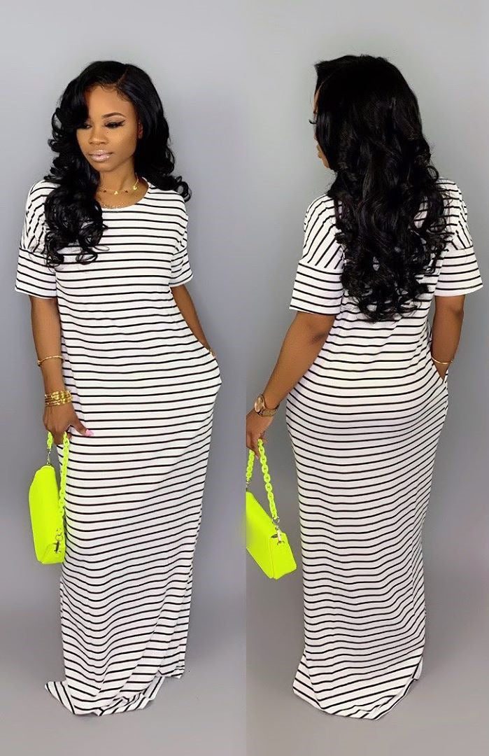 Women Basic Casual Short-sleeved Color Blocking Stripe Maxi Dress