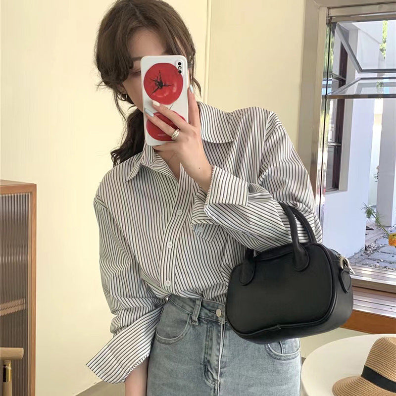 Blusa informal de manga larga con solapa y rayas irregulares para mujer