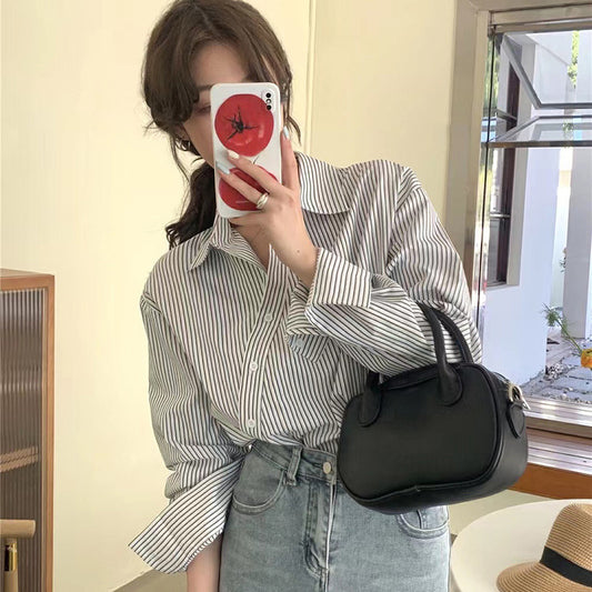 Blusa informal de manga larga con solapa y rayas irregulares para mujer