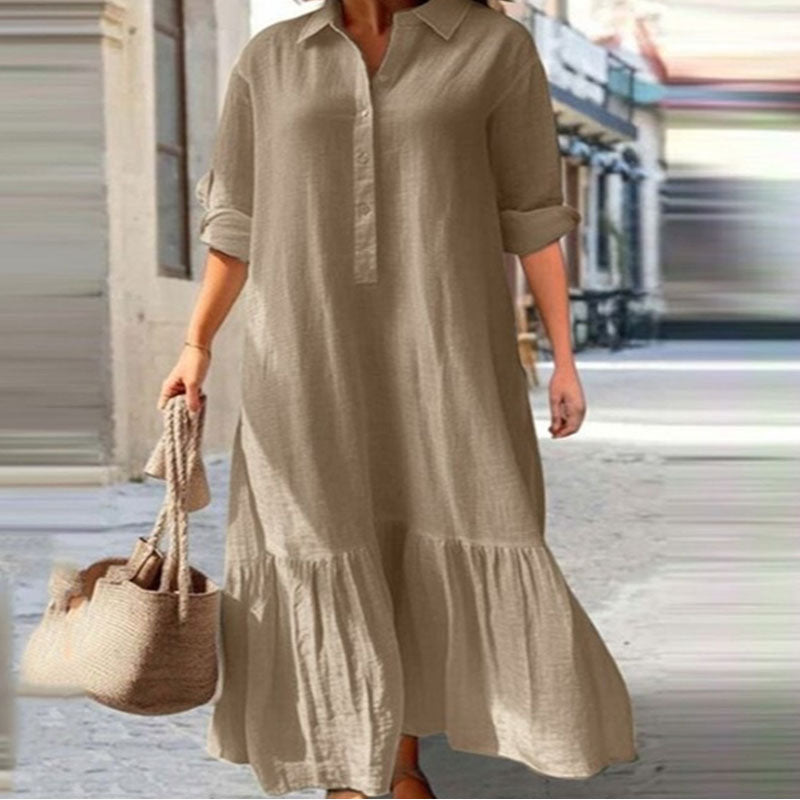 Vestido largo informal de algodón y lino con solapa para mujer, talla grande