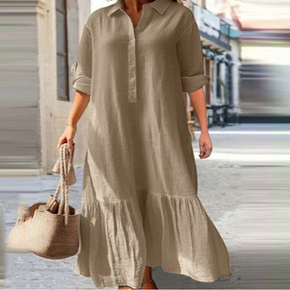 Vestido largo informal de algodón y lino con solapa para mujer, talla grande