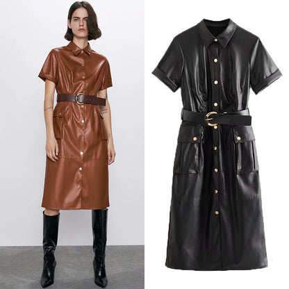 Women Fashion Casual PU Solid Color Leather Lapel Belt Short Sleeve Dress