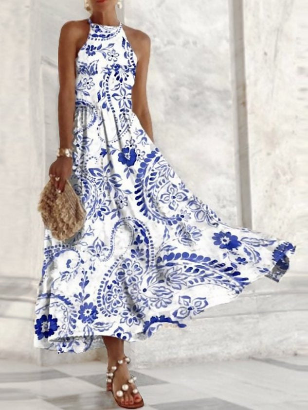 Vestido largo informal sin mangas con cuello halter y estampado floral chino vintage para mujer