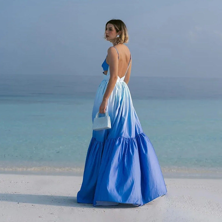 Women Casual Fashion Gradient Sling Hollow Maxi Dress