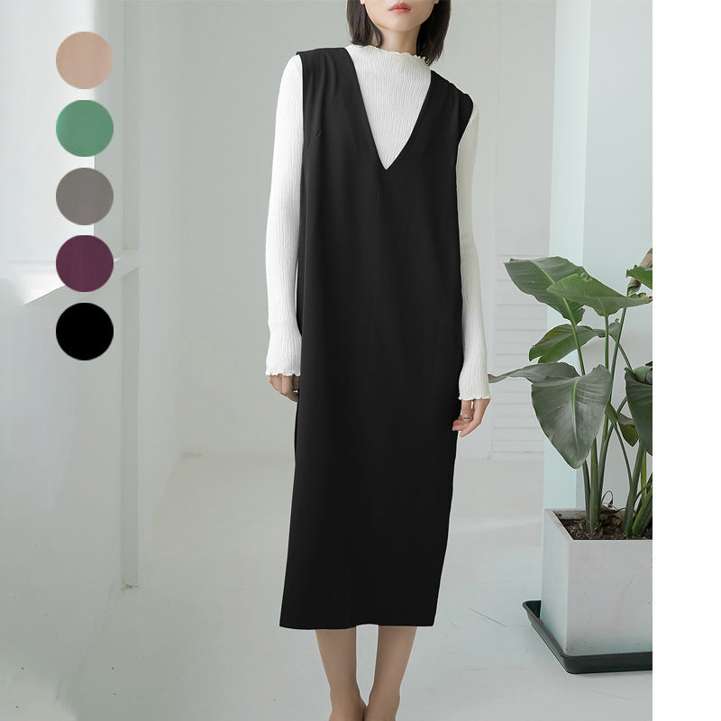 Women Casual Loose Solid Color Sleeveless V-Neck Over-The-Knee Pocket Dress
