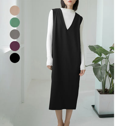 Women Casual Loose Solid Color Sleeveless V-Neck Over-The-Knee Pocket Dress