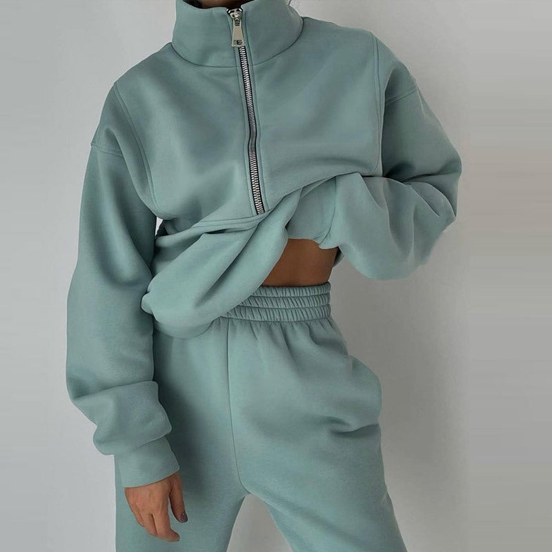 Women Winter Sports Casual Oversized Half Zipper Solid Color Long Sleeves Top And Sweatpants Set