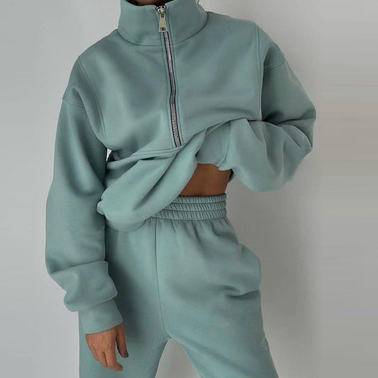 Conjunto de top y pantalón deportivo de invierno para mujer, informal, de gran tamaño, con media cremallera, color liso, de manga larga