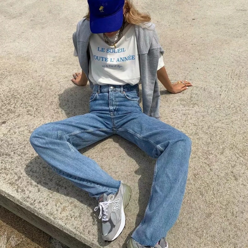 Vaqueros rectos holgados de cintura alta con dobladillo sin rematar, informales y atrevidos para mujer