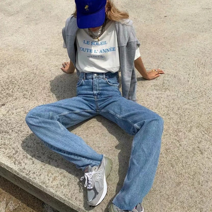 Vaqueros rectos holgados de cintura alta con dobladillo sin rematar, informales y atrevidos para mujer