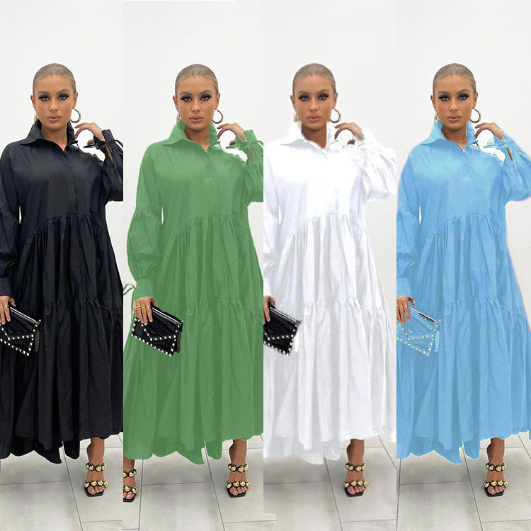 Women Solid Color Casual Loose Lapel Long Sleeve Shirt Maxi Dress
