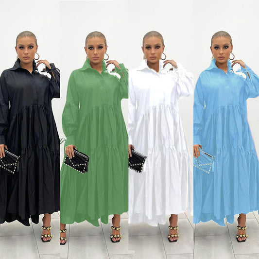 Women Solid Color Casual Loose Lapel Long Sleeve Shirt Maxi Dress