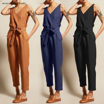 Women Solid Color V-Neck Tank Top Sash Waist Casual Loose Jumpsuits